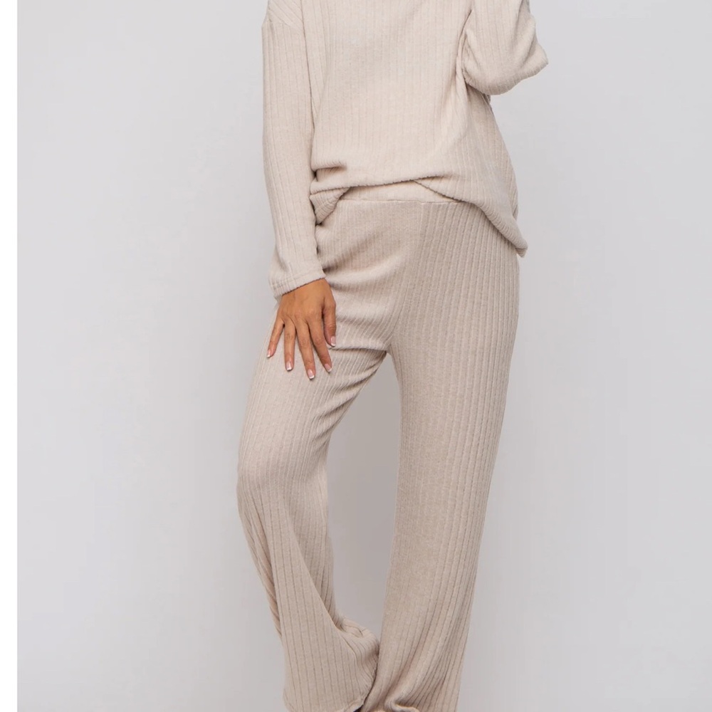 Cozy Maternity Ribbed Knit Lounge Set in Beige